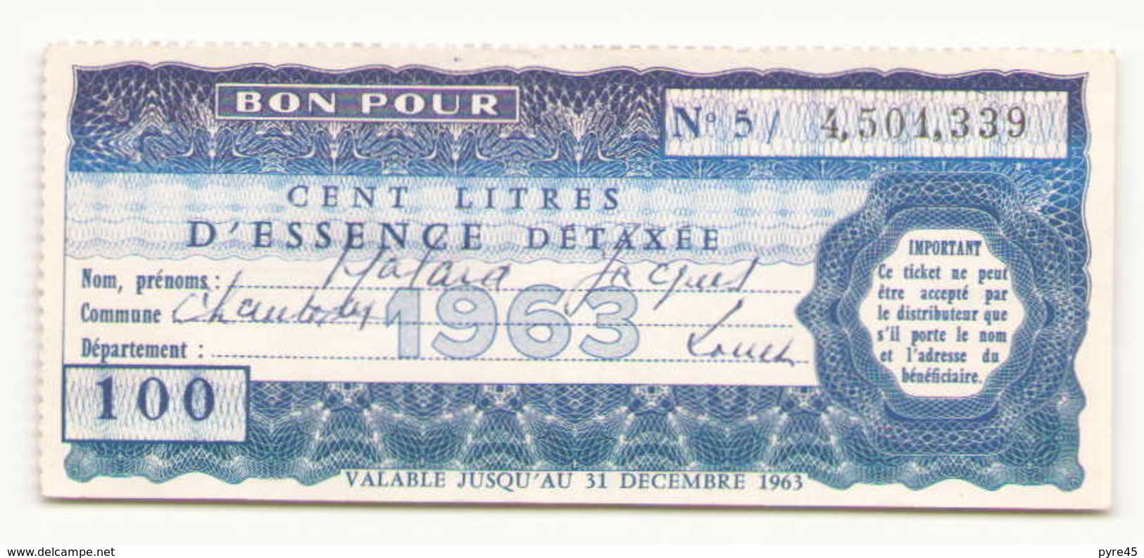 Bon Pour Cent Litres D'essence 1963, Chanteau Loiret - Unclassified