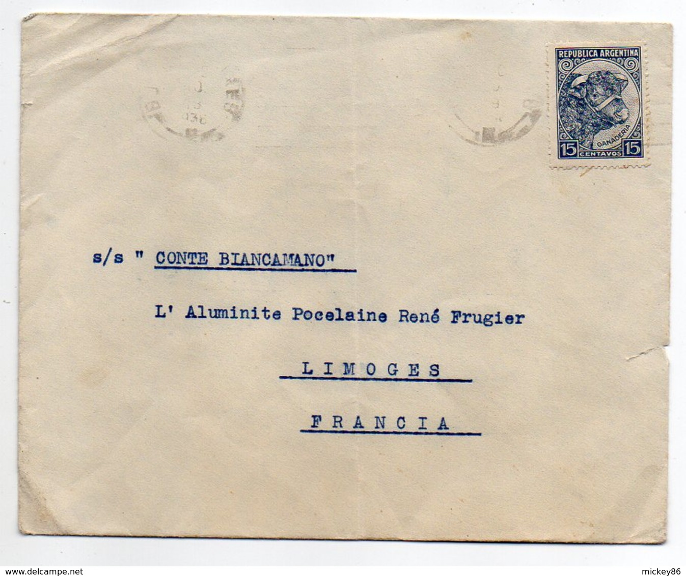 Argentine -- 1936 -- Lettre Pour Limoges (France)  Tp Taureau  Seul Sur Lettre Personnalisée  Felix Bru - Covers & Documents