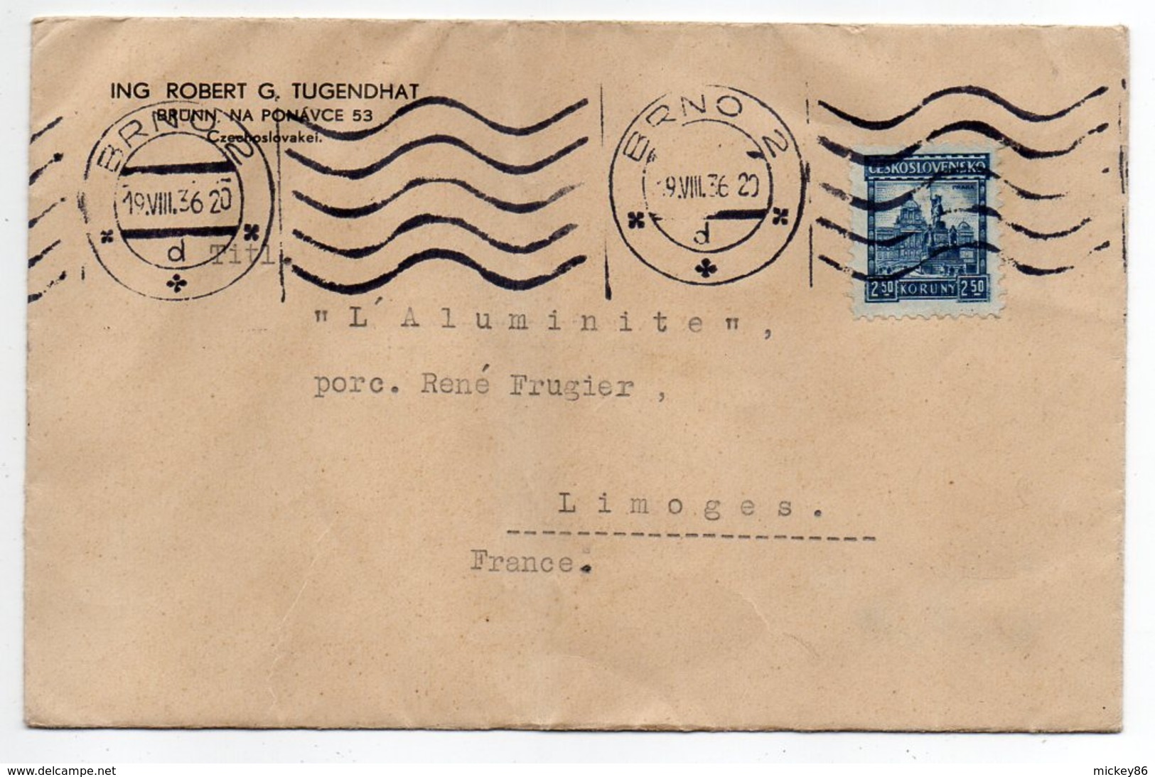 Tchécoslovaquie - 1936 -- Lettre De BRNO 2  Pour Limoges (France)tp Sur Lettre Personnalisée  ING ROBERT G.TUGEND-Cachet - Brieven En Documenten