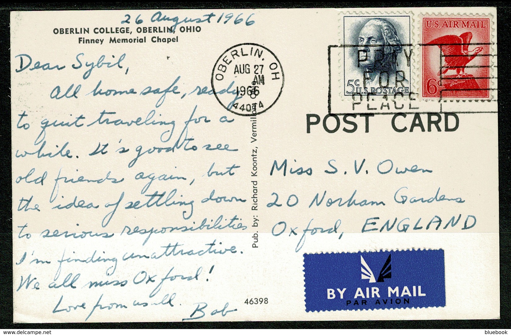 Ref 1242 - 1966 Postcard - Oberlin College Ohio USA - 11c Rate To UK Pray For Peace Slogan - Other & Unclassified