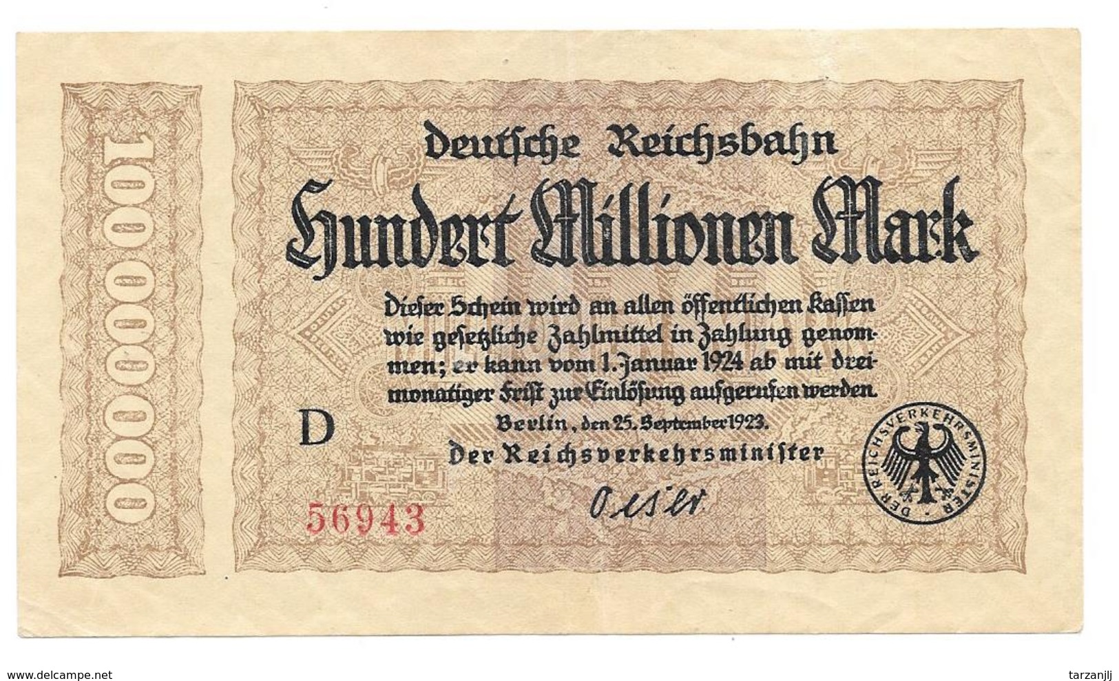 Billet De Hundert Millionen Mark 1923 Deutsche Reichsbahn - 100 Miljoen Mark