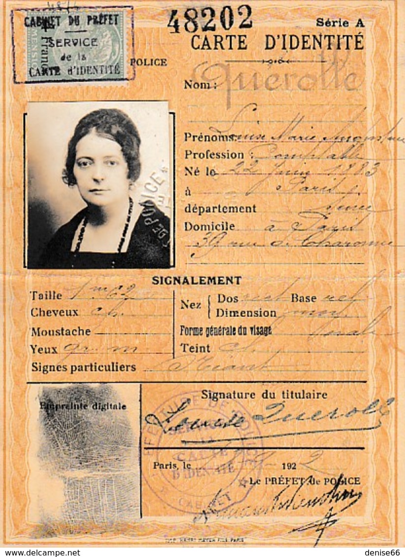 1922 - CARTE D’IDENTITÉ - Timbre Dimension - - Historische Dokumente