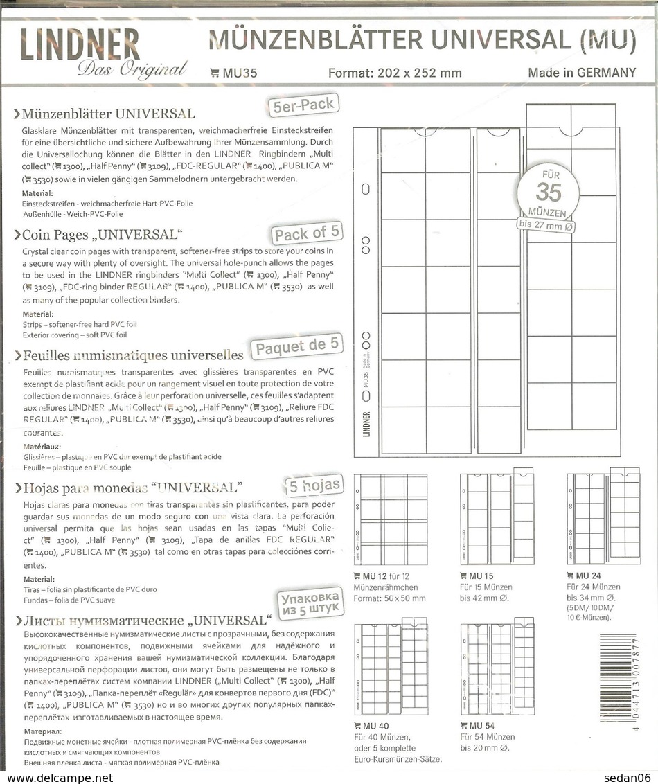 LINDNER - Feuilles MONNAIES MULTI COLLECT 35 CASES (MU 35) - Matériel