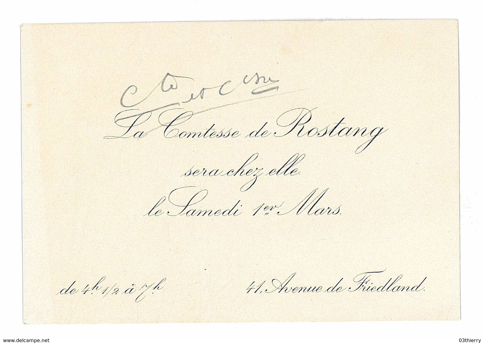 INVITATION A RECEVOIR LA COMTESSE DE ROSTANG PARIS 44 AVENUE DE FRIEDLAND - Autres & Non Classés