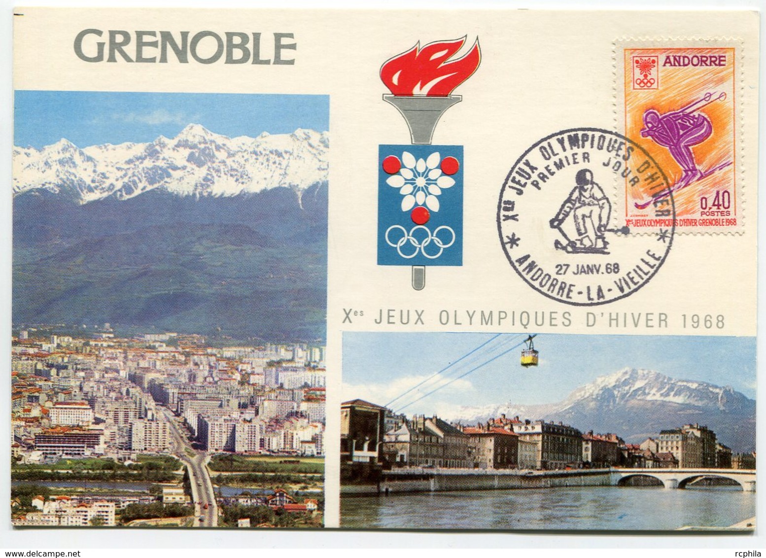 RC 10476 ANDORRE JEUX OLYMPIQUES DE GRENOBLE 1968 SKI SUR CARTE GRENOBLE JEUX OLYMPIQUES 1er JOUR FDC TB - Brieven En Documenten