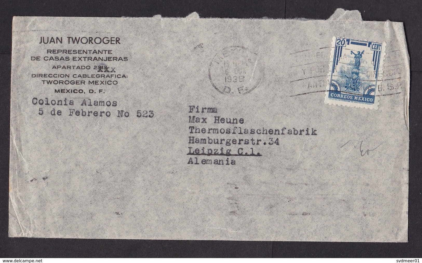 Mexico: Cover To Germany, 1938, 1 Stamp, Statue, History (minor Damage) - Mexiko