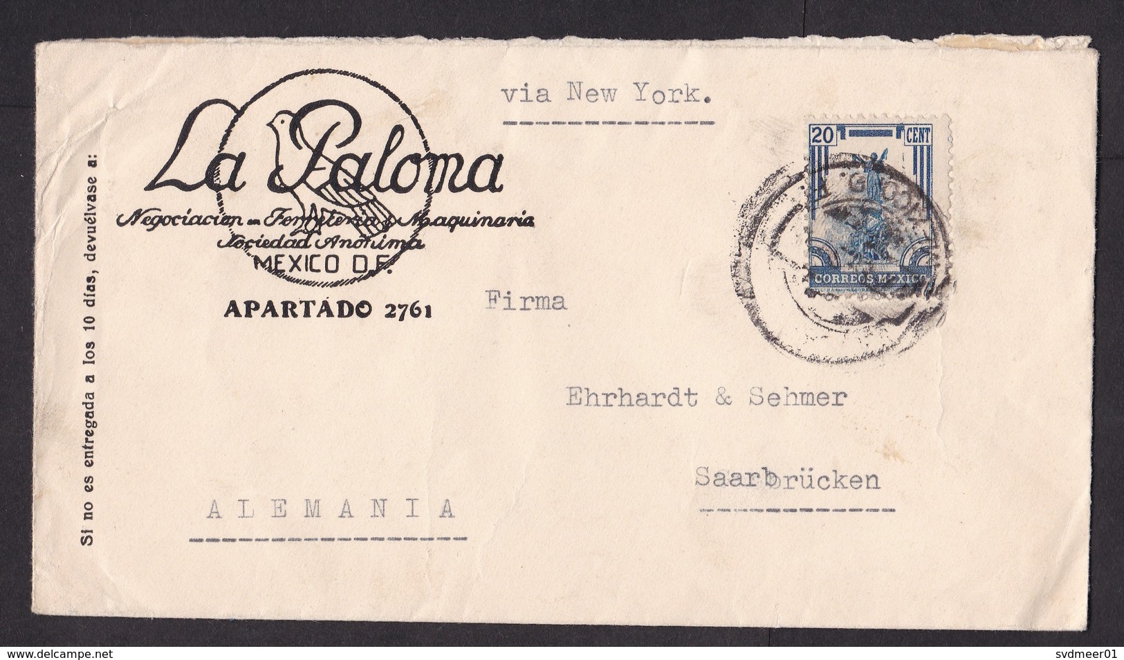 Mexico: Cover To Germany, 1930s, 1 Stamp, Statue, Via New York, Pigeon Logo (minor Creases) - Mexico