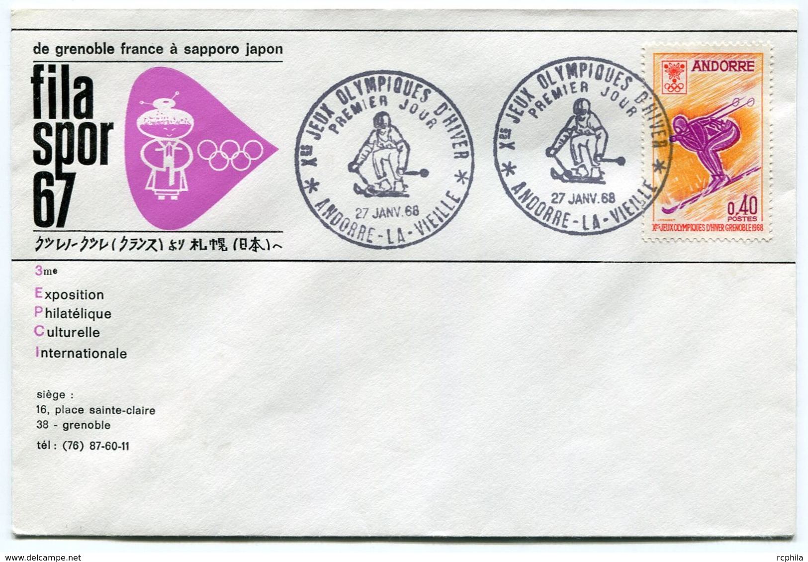 RC 10478 ANDORRE JEUX OLYMPIQUES DE GRENOBLE 1968 SKI ENVELOPPE FRANCE JAPON 1er JOUR FDC TB - Covers & Documents
