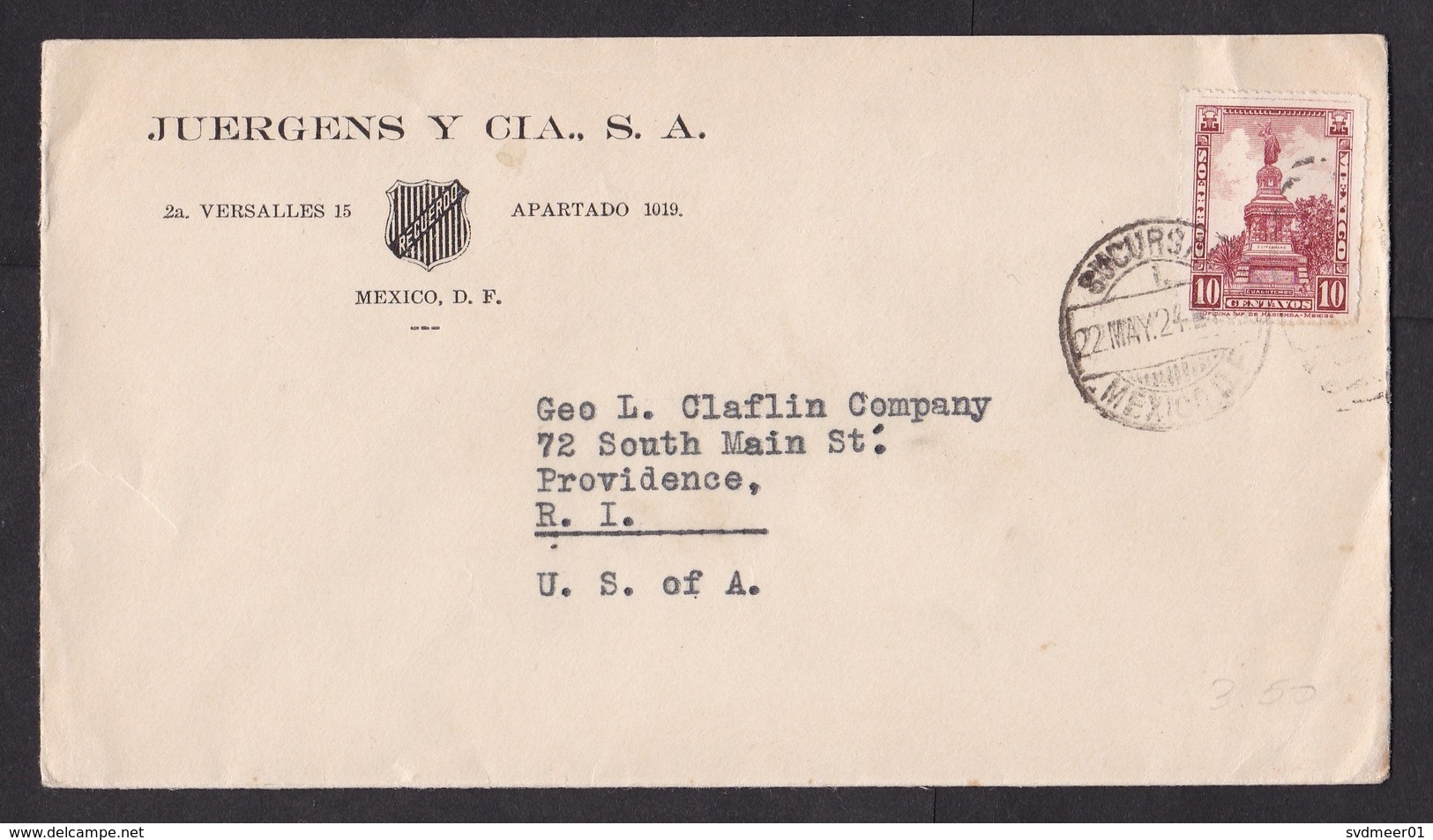 Mexico: Cover To USA, 1924, 1 Stamp, Statue (traces Of Use) - Mexiko