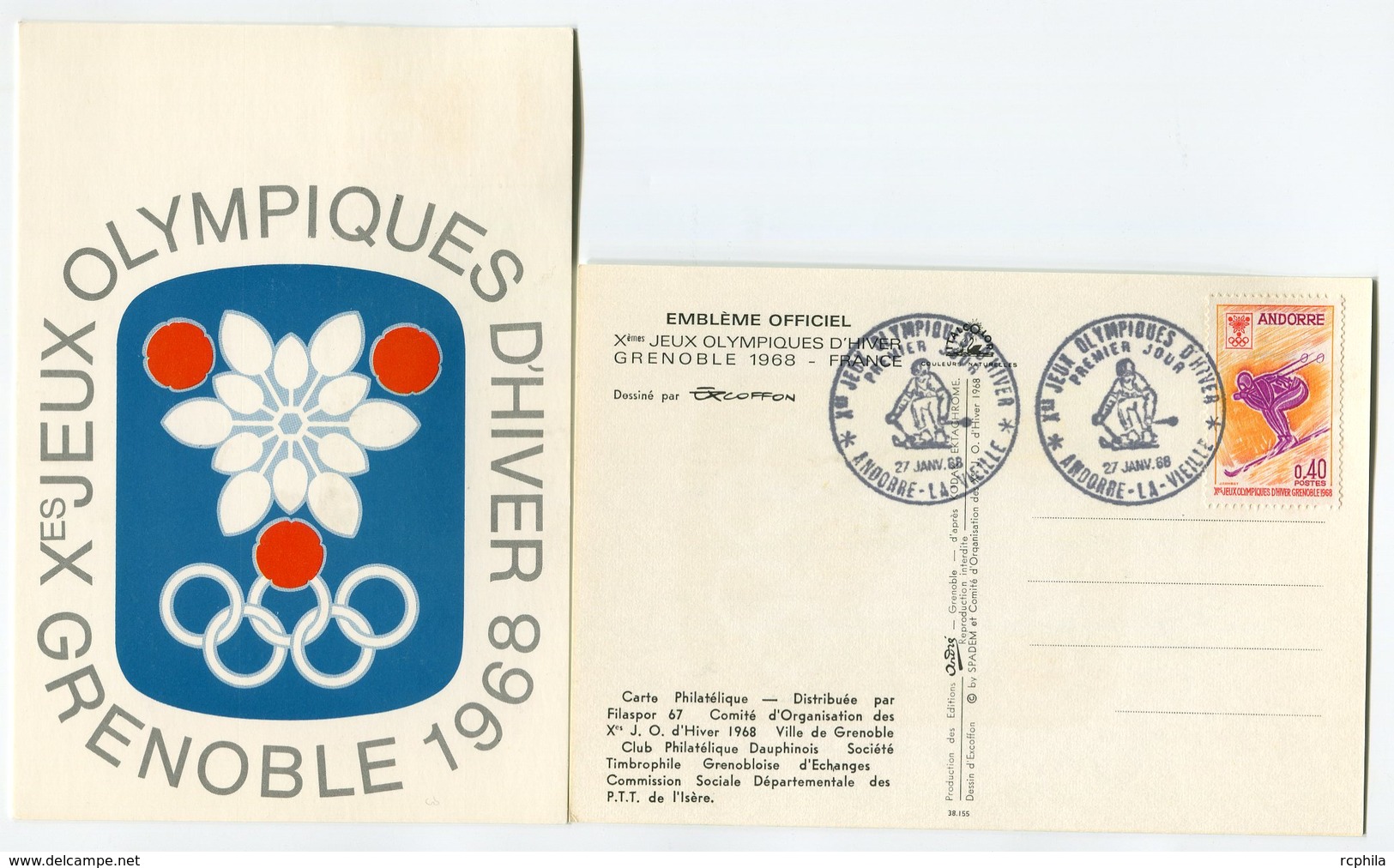 RC 10479 ANDORRE JEUX OLYMPIQUES DE GRENOBLE 1968 SKI CARTE EMBLEME DES JEUX 1er JOUR FDC TB - Storia Postale