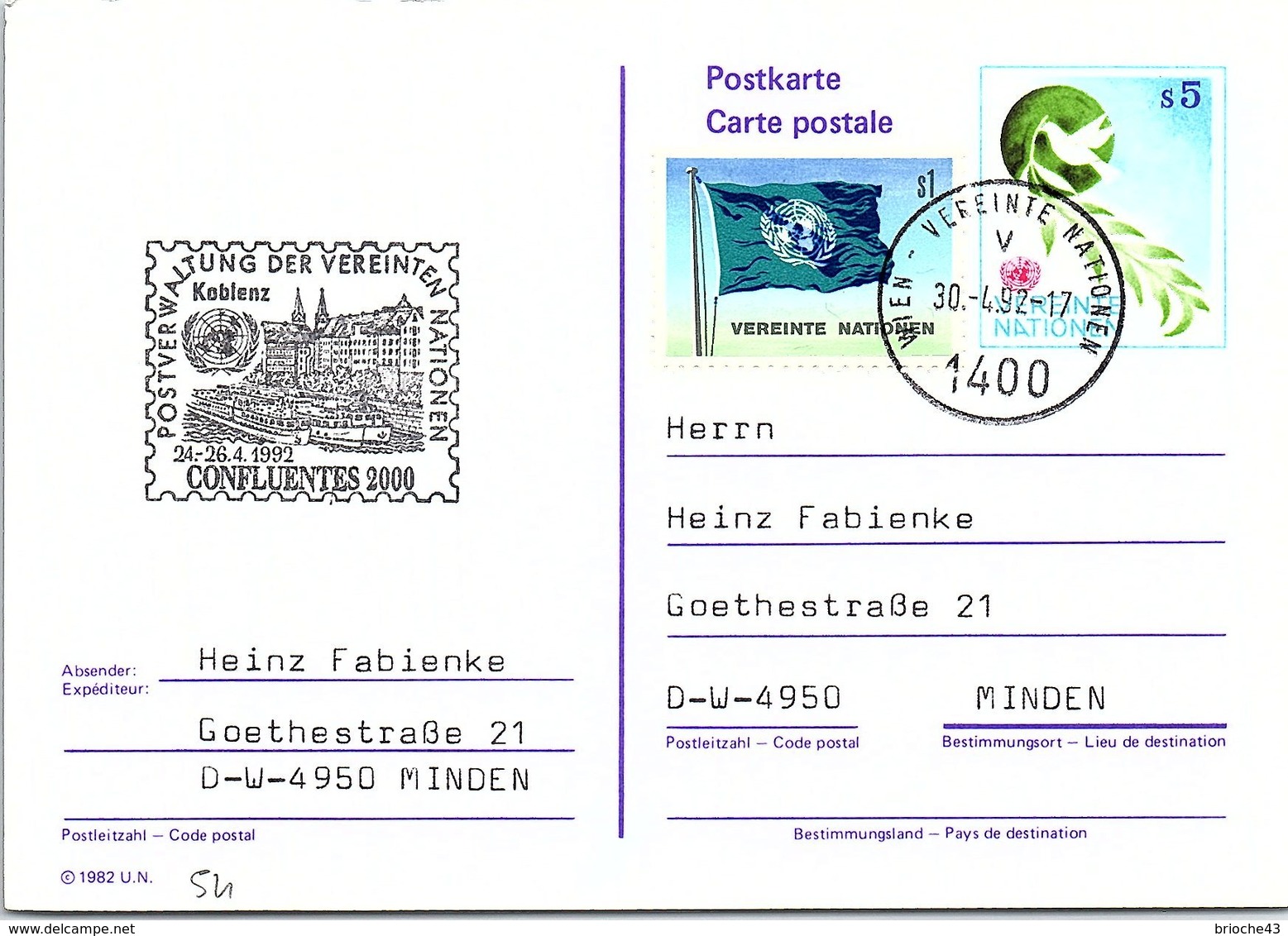 VEREINTE NATIONEN - ENTIER POSTAL S5 - CONFLUENTES 2000 24-26.4.1992   /2-54 - Lettres & Documents