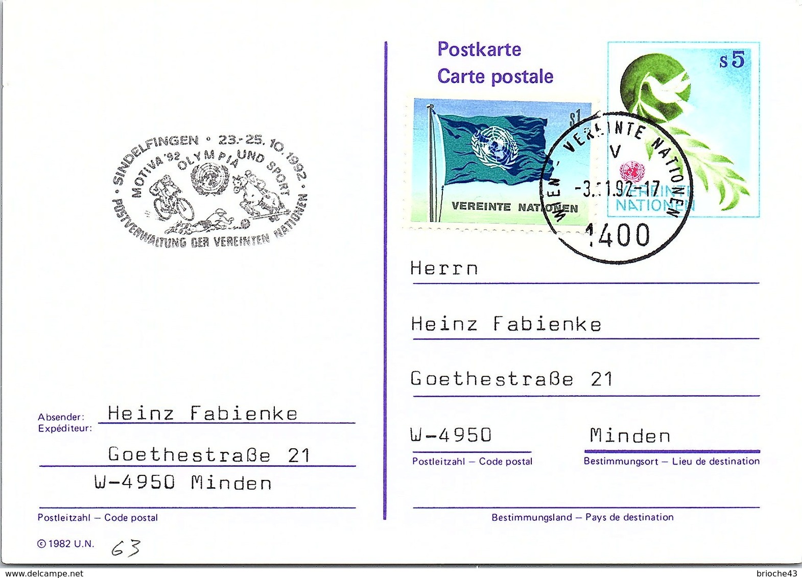 VEREINTE NATIONEN - ENTIER POSTAL S5 - MOTIVA'92 OLYMPIA UND SPORT SINDELFINGEN 23-25.10.1992 /2-63 - Lettres & Documents