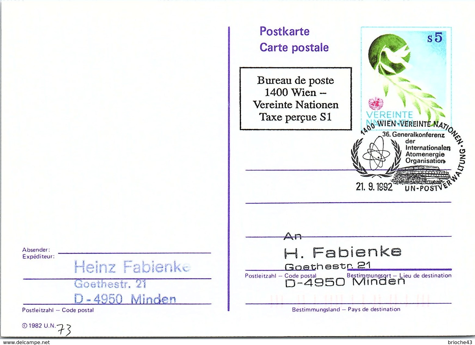 VEREINTE NATIONEN  -CP  ENTIER POSTAL S5 - WIEN 21.9.1992 /2-73 - Lettres & Documents