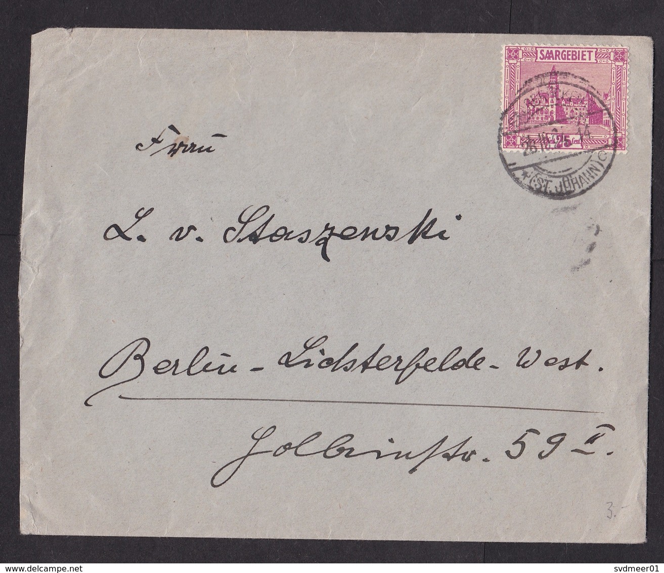 Saar: Cover To Germany, 1927?, 1 Stamp (minor Crease) - Brieven En Documenten