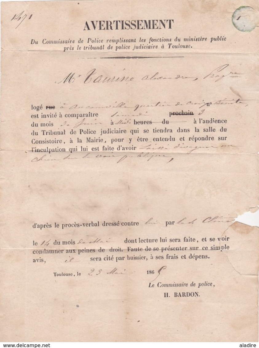 1865 - Avertissement Du Commissaire De Police De Toulouse  (divagation De Chien) - Timbre Taxe 15 Centimes - 1859-1959 Covers & Documents