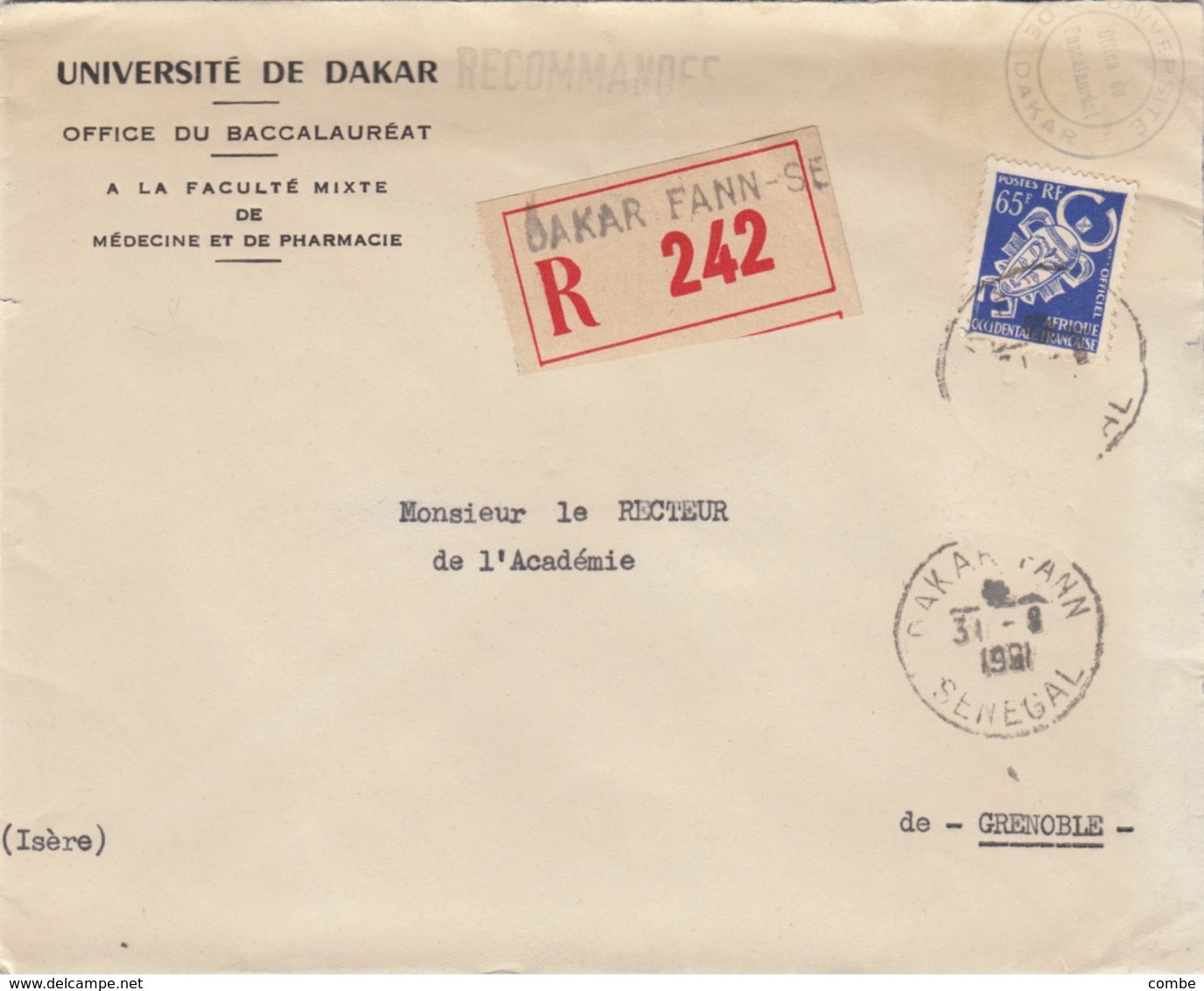 LETTRE SENEGAL. 31 8 61. RECOMMANDÉ DAKAR-FANN POUR GRENOBLE. TIMBRES DE SERVICE 65F SEUL SUR LETTRE  / 2 - Lettres & Documents