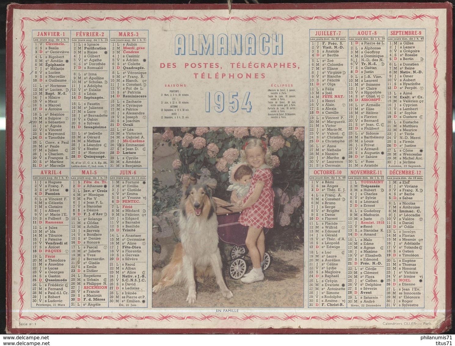Calendrier 1954 Almanach Des P.T.T - En Famille - 21 Côte D'Or - Grand Format : 1941-60