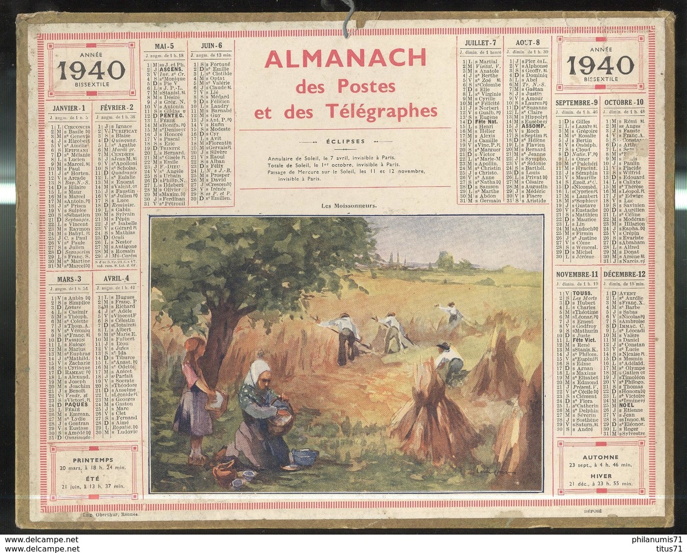 Calendrier 1940 Almanach Des Postes Et Des Télégraphes - Moissons - 21 Côte D'Or - Grand Format : 1921-40