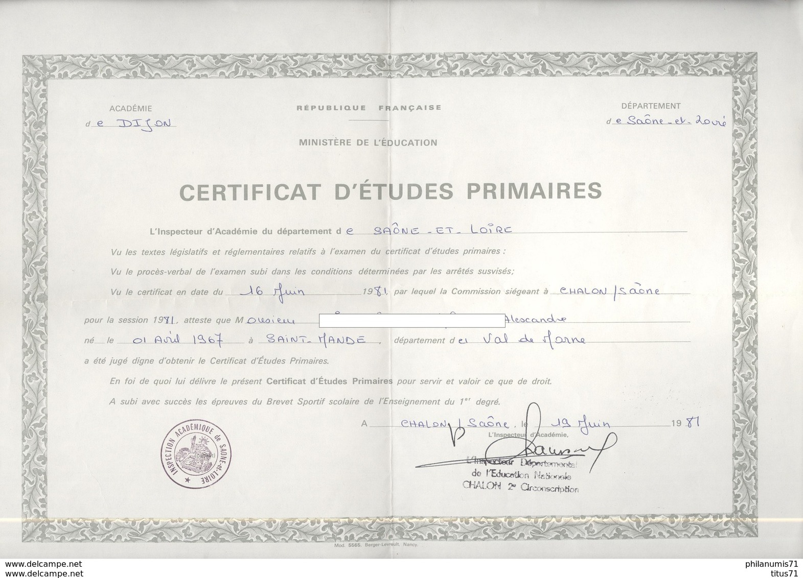 Certificat D'études Primaires - Académie De Dijon - Attribué 1981 - Diplômes & Bulletins Scolaires