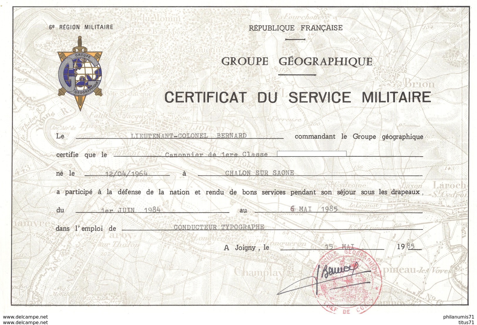 Certificat Du Service Militaire - Groupe Géographique - 6ème Région Militaire - Attribué 1985 - Documents