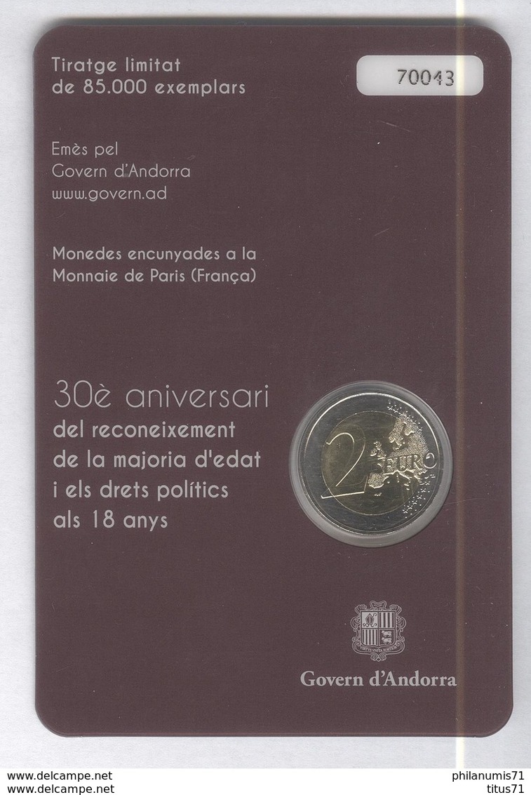 2 Euros Comémorative Andorre 2015 BU - 30ème Anniv De La Majorité à 18 Ans - Etat Neuf - Andorre