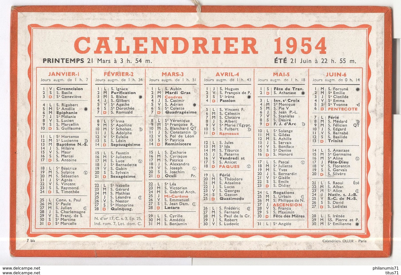 Calendrier 1954 Oller Paris - Tamaño Grande : 1941-60