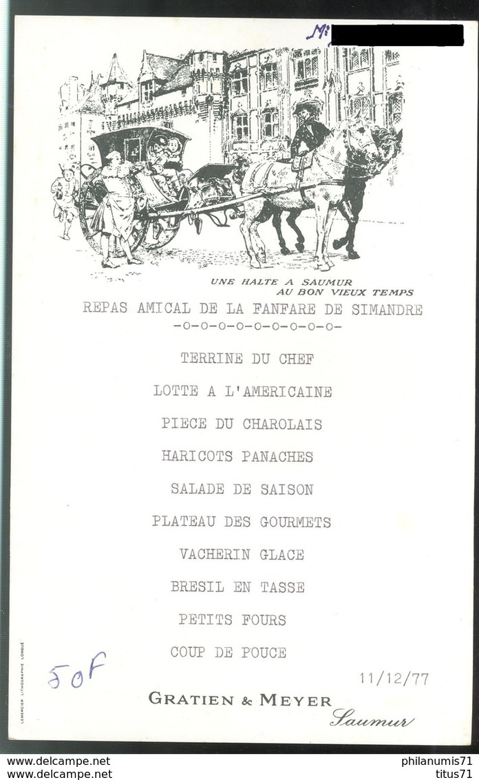 Menu Saumur - Repas Amical De La Fanfare De Simandre - 11 Décembre 1977 - Menus