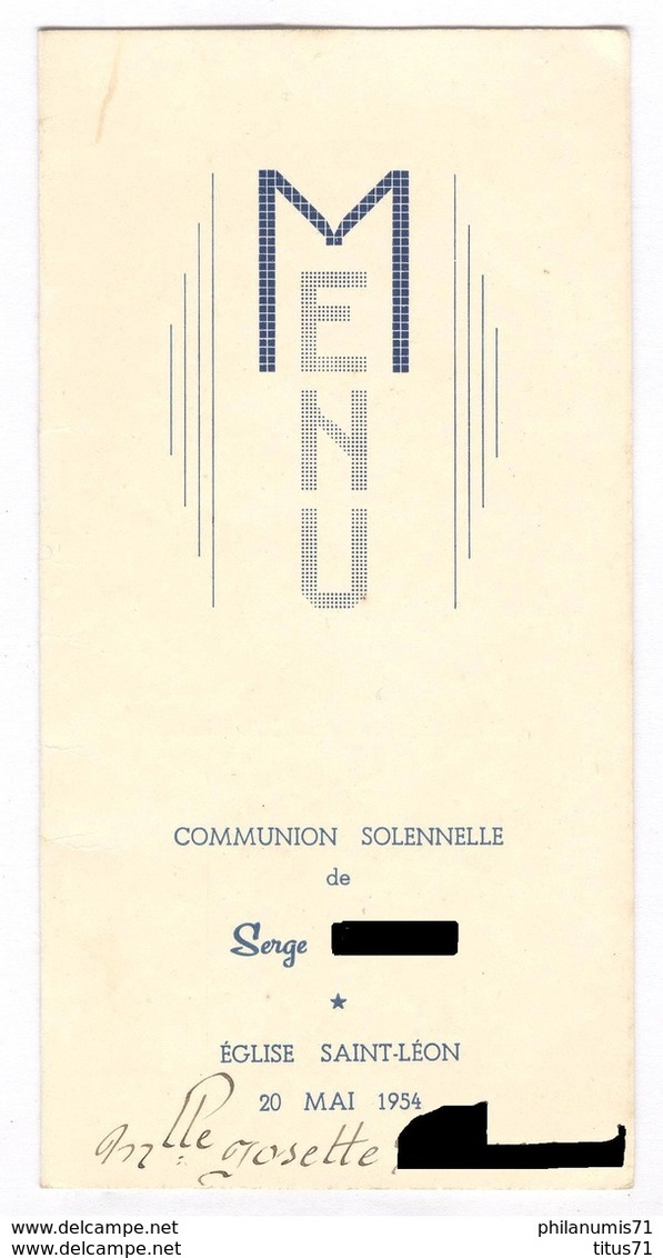 Menu Communion Solennelle - Eglise Saint Léon - 20 Mai 1954 - Menus