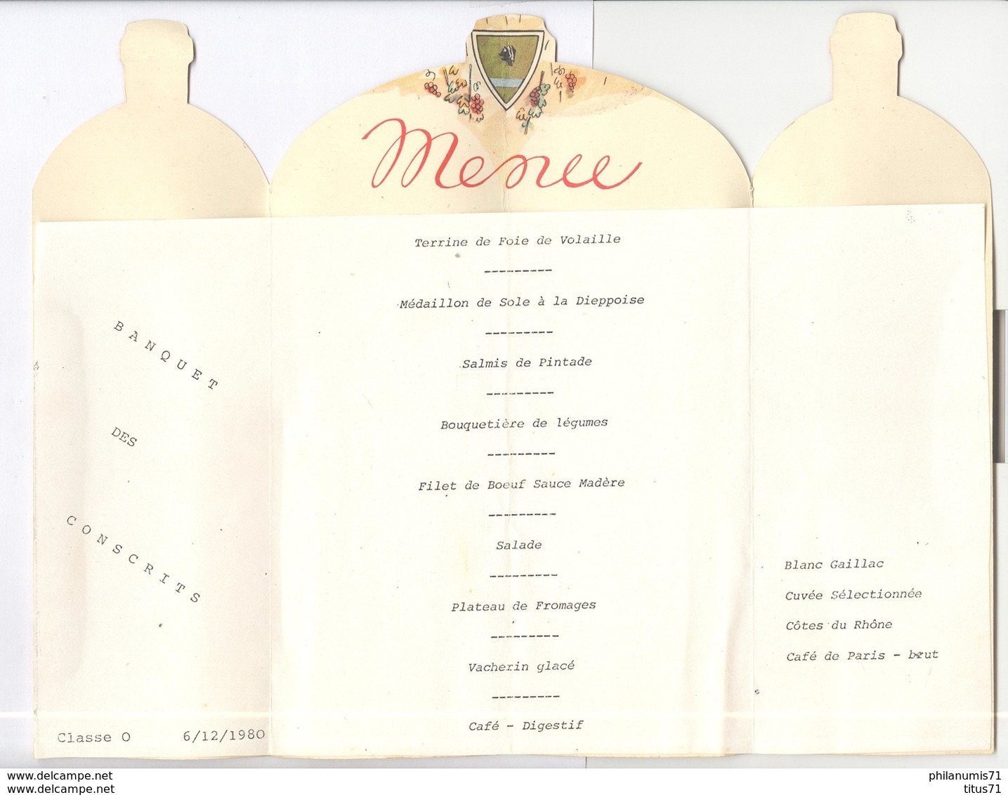 Menu Morin - Clos Vougeot - Repas Des Conscrits - 6 Décembre 1980 - Menus