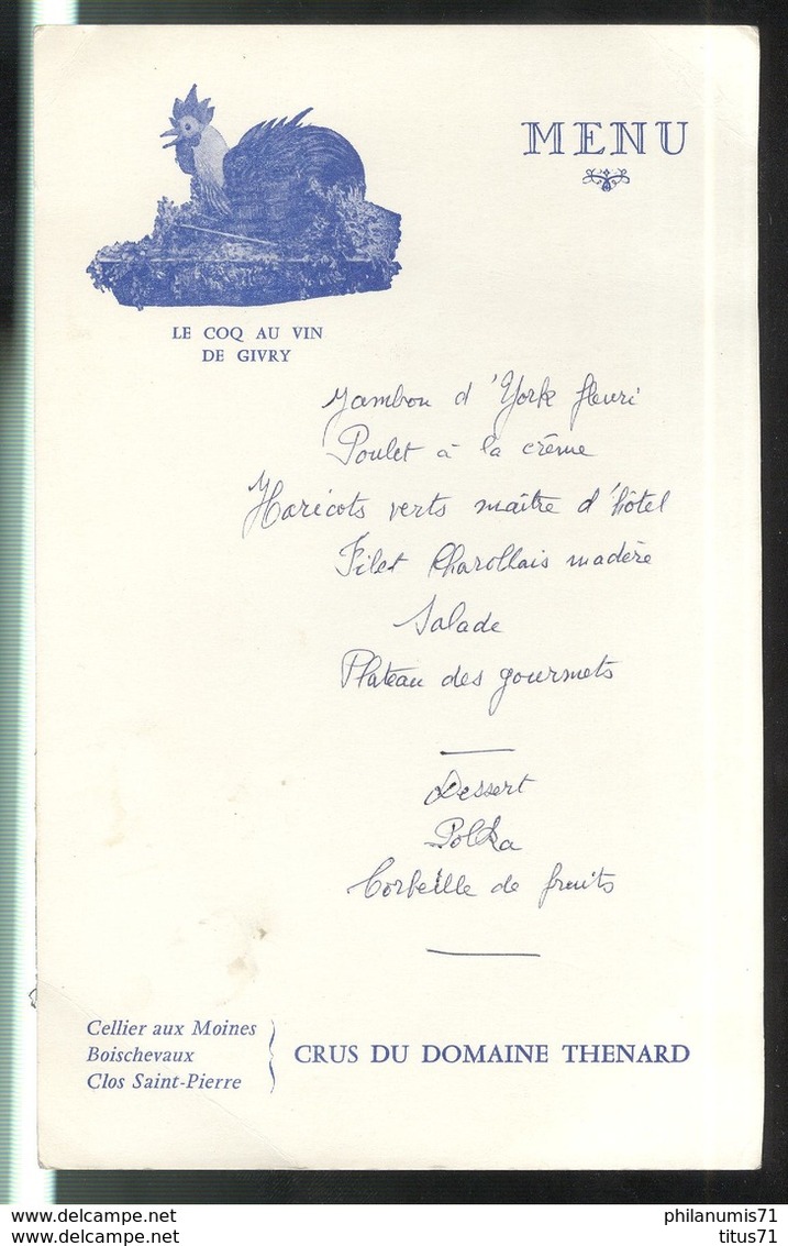 Menu Le Coq Au Vin De Givry - Non Daté - Crus Du Domaine Thénard - Menus