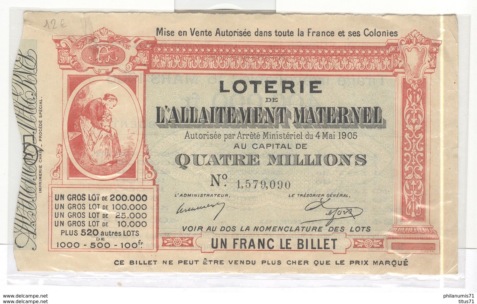 Billet De Loterie De L'Allaitement Maternel 15 Mars 1906 - Très Bon état - Billets De Loterie