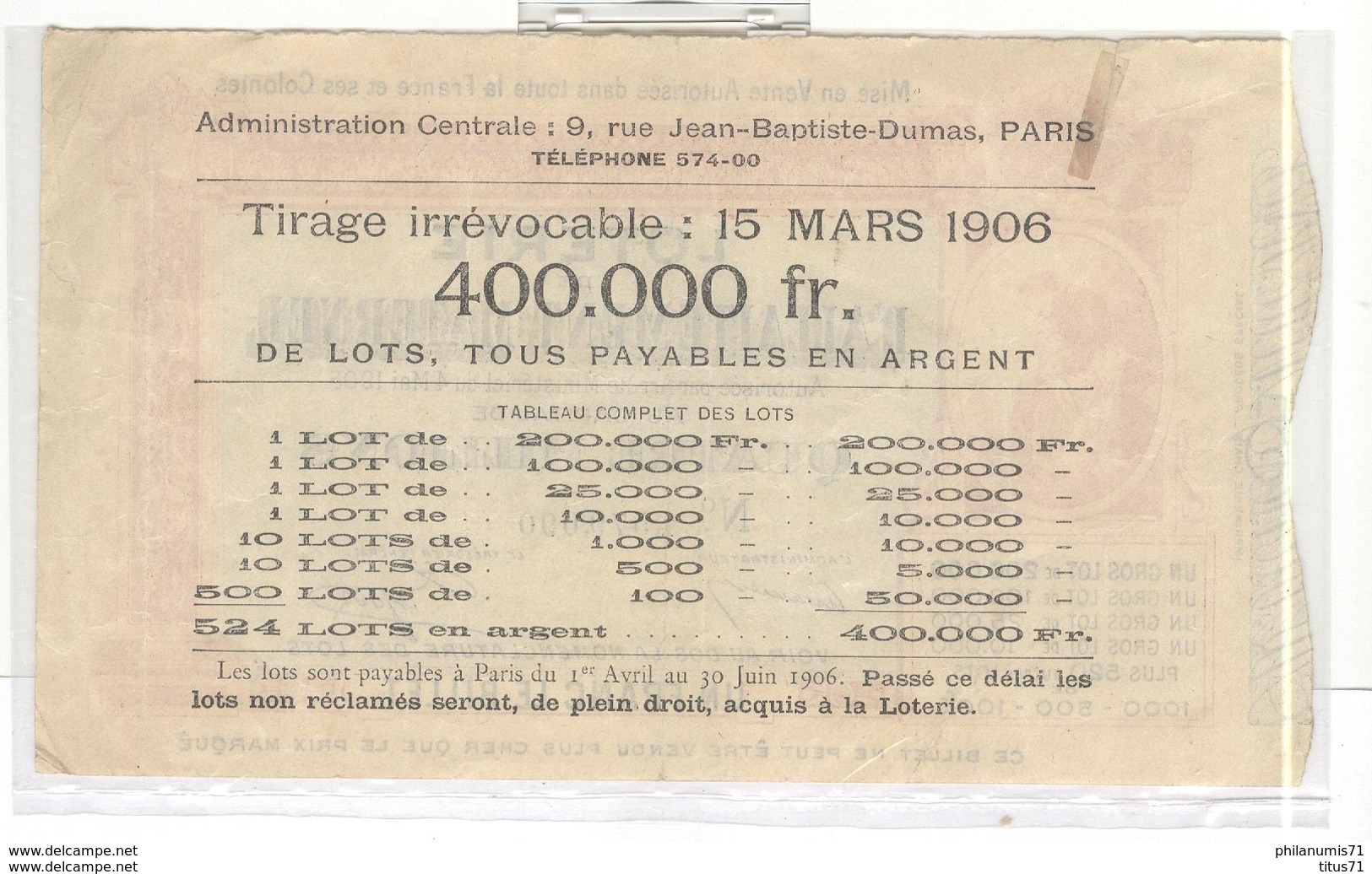 Billet De Loterie De L'Allaitement Maternel 15 Mars 1906 - Très Bon état - Billets De Loterie