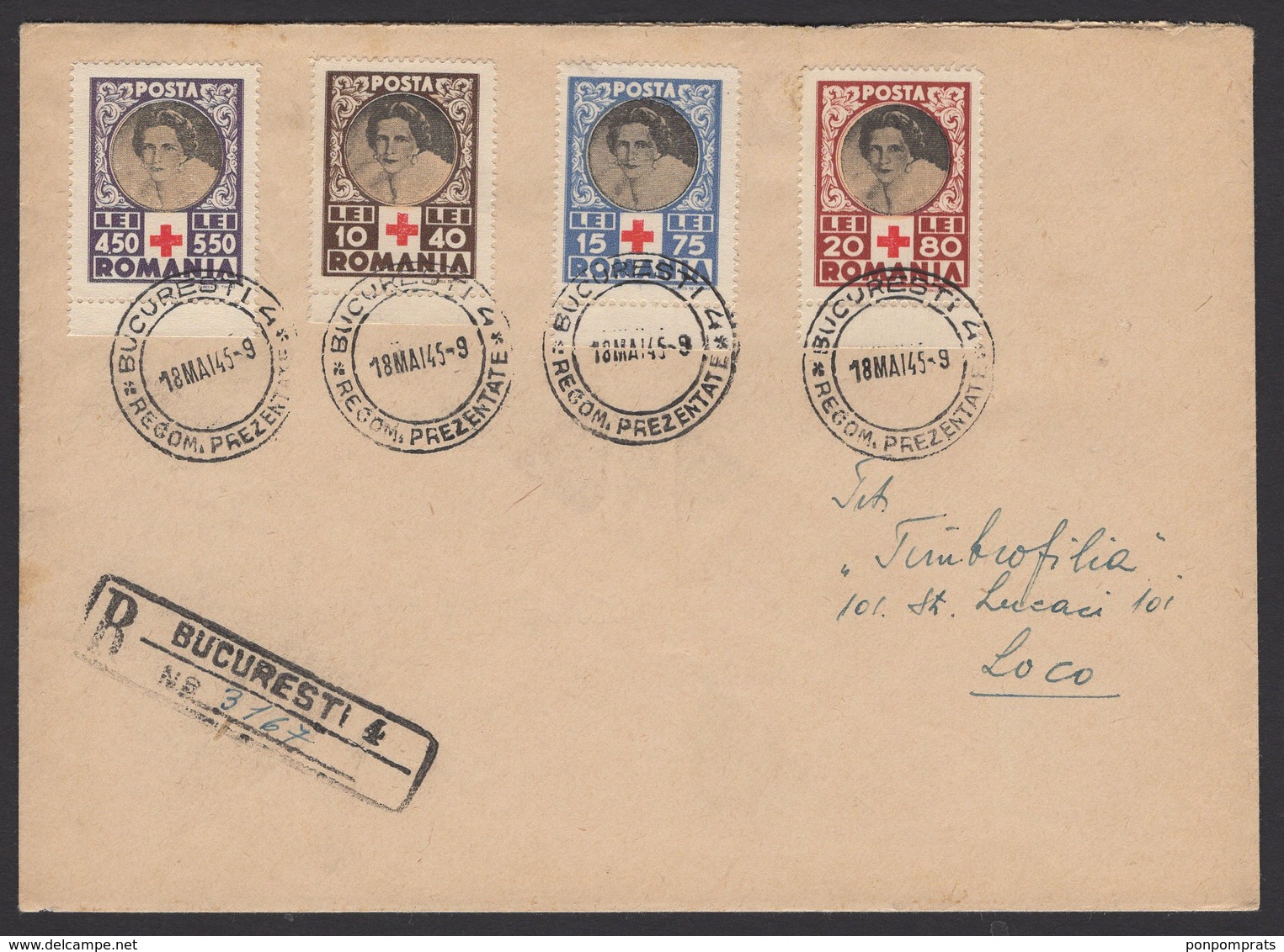 Enveloppe RECOMMANDEE Avec 4 Timbres De La CROIX ROUGE ROUMAINE De 1945 Oblt BUCAREST > LOCO - Croix-Rouge