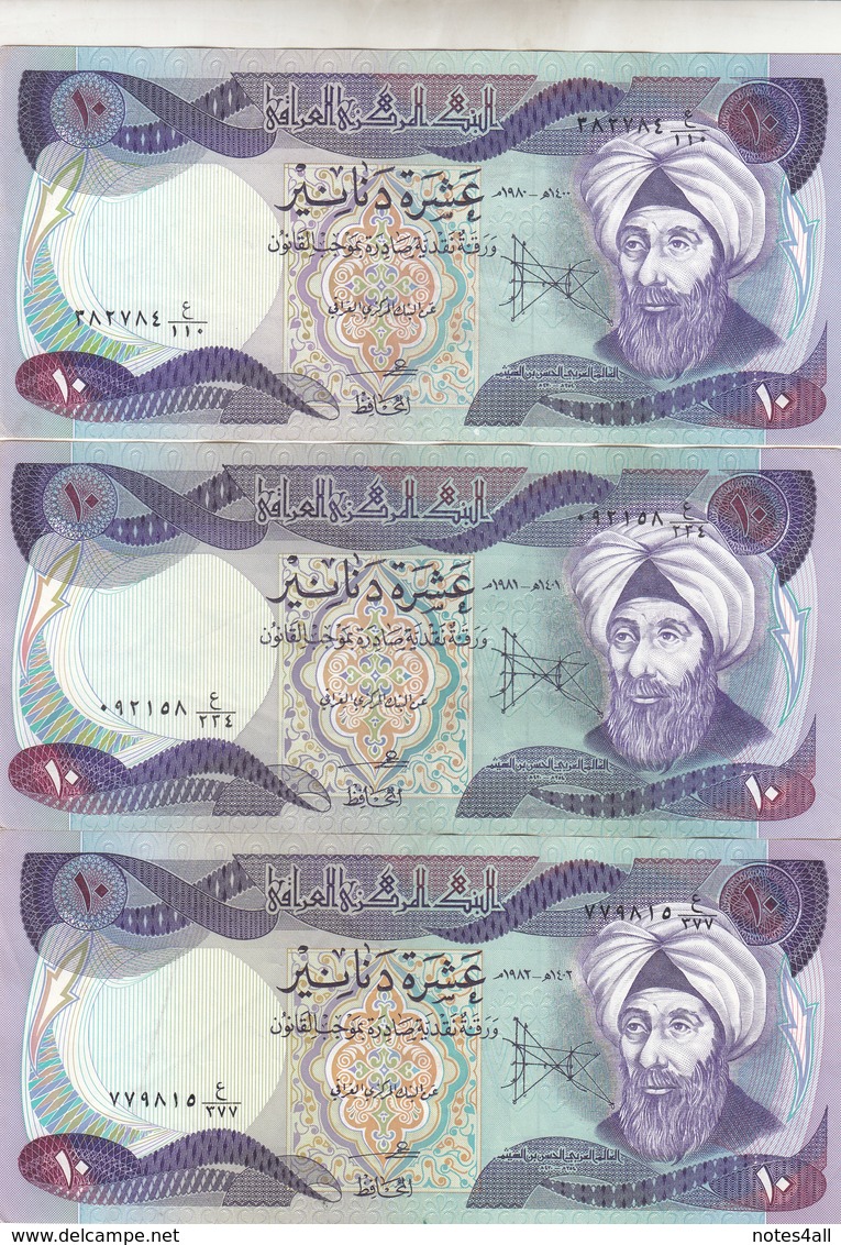 IRAQ 10 DINARS 1980 1981 1982 P-71 LOT X3 EF/XF NOTES DIFFERENT DATES */* - Iraq