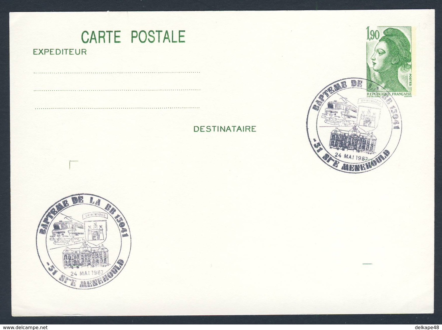 France Rep. Française 1987 Card / Karte / Carte - Bapteme Loc. BB 15041, Ste. Menehould / Tauf Lokomotive - Treinen