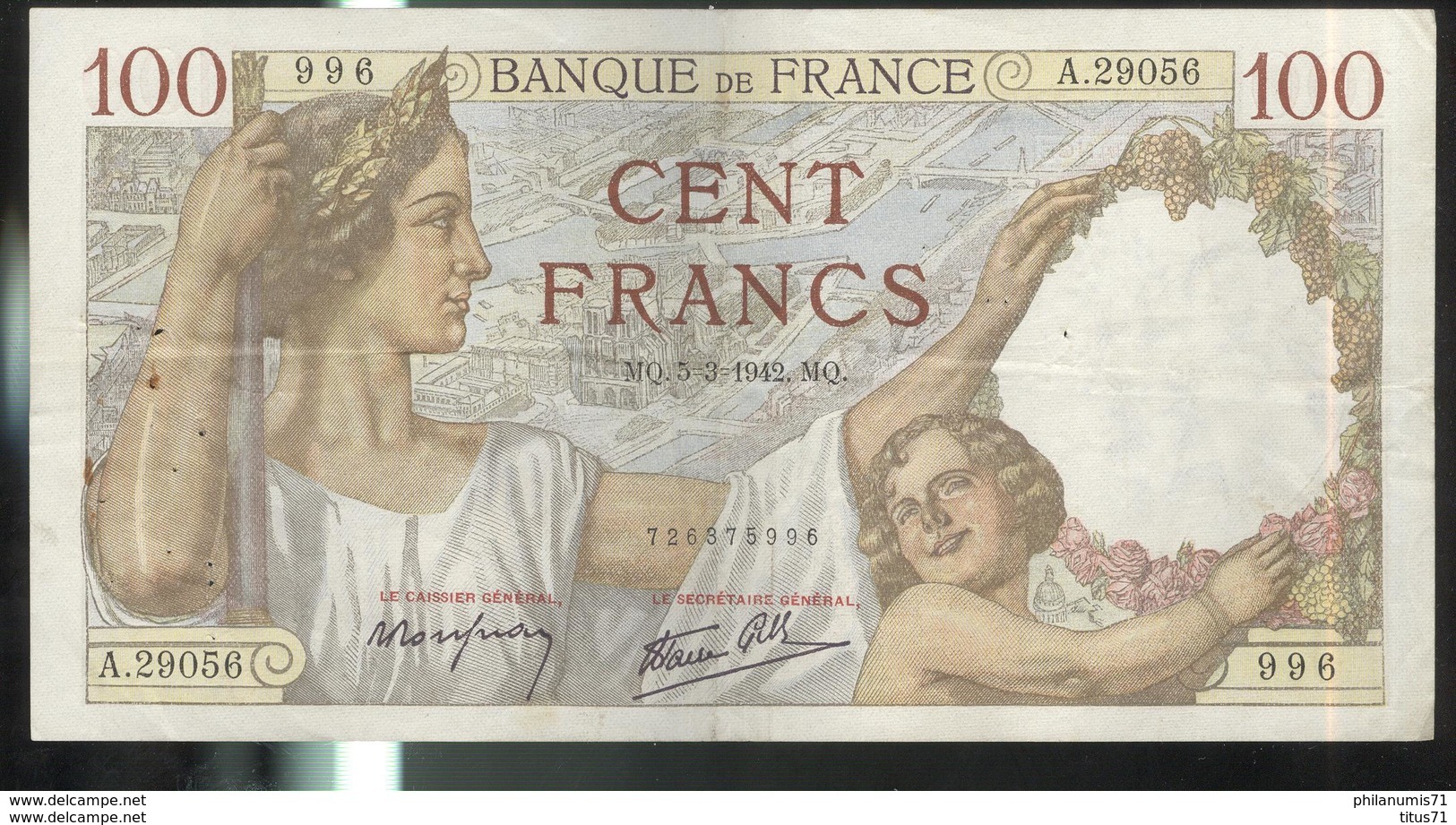 Billet 100 Francs France Sully 5-3-1942 - 100 F 1939-1942 ''Sully''