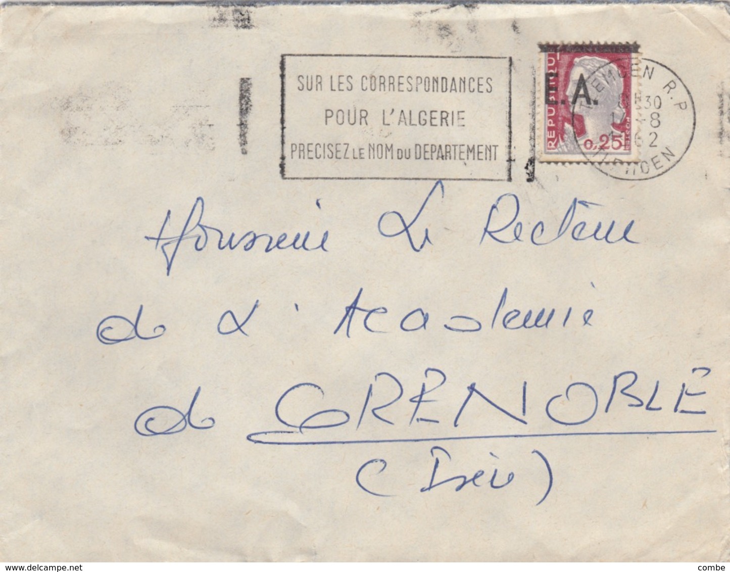 LETTRE ALGERIE. 14 8 62. TLEMCEN POUR GRENOBLE. SURCHARGE  EA.   / 2 - Algérie (1962-...)