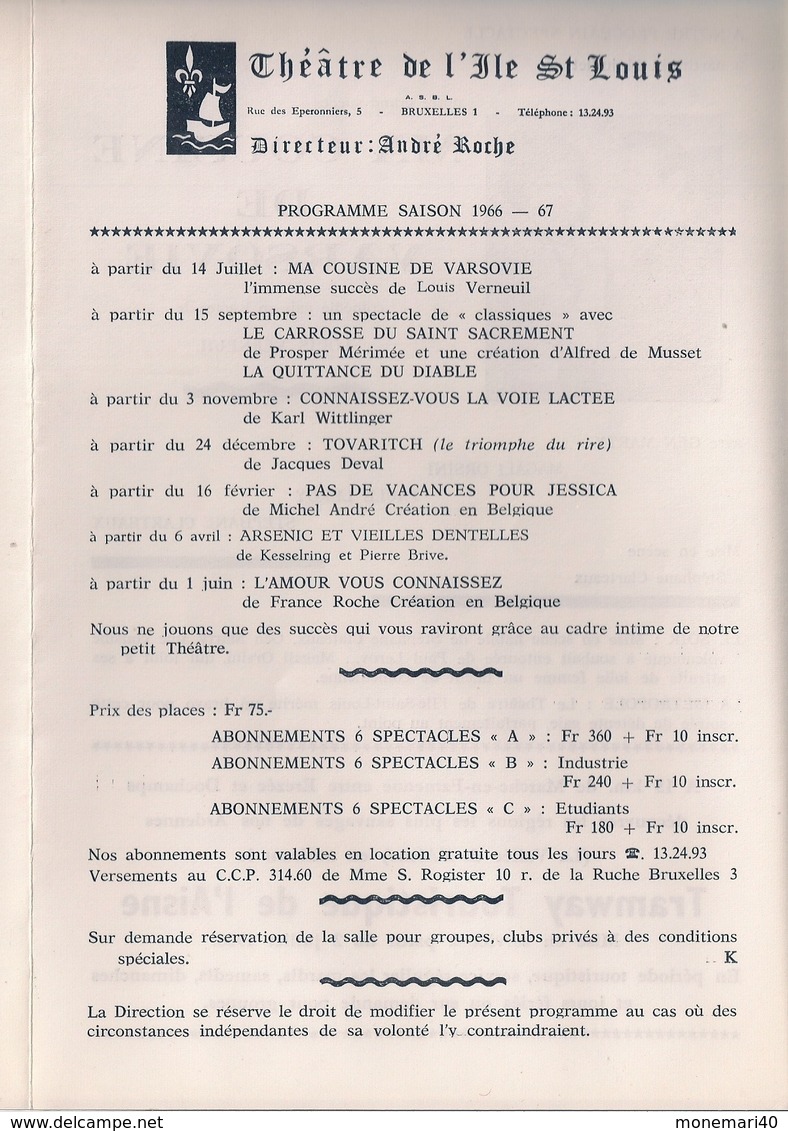 THÉATRE DE L'ILE ST LOUIS (BRUXELLES) SAISON 1966-67 - PROCHAIN SPECTACLE 'MA COUSINE DE VARSOVIE' De LOUIS VERNEUIL - Programmes