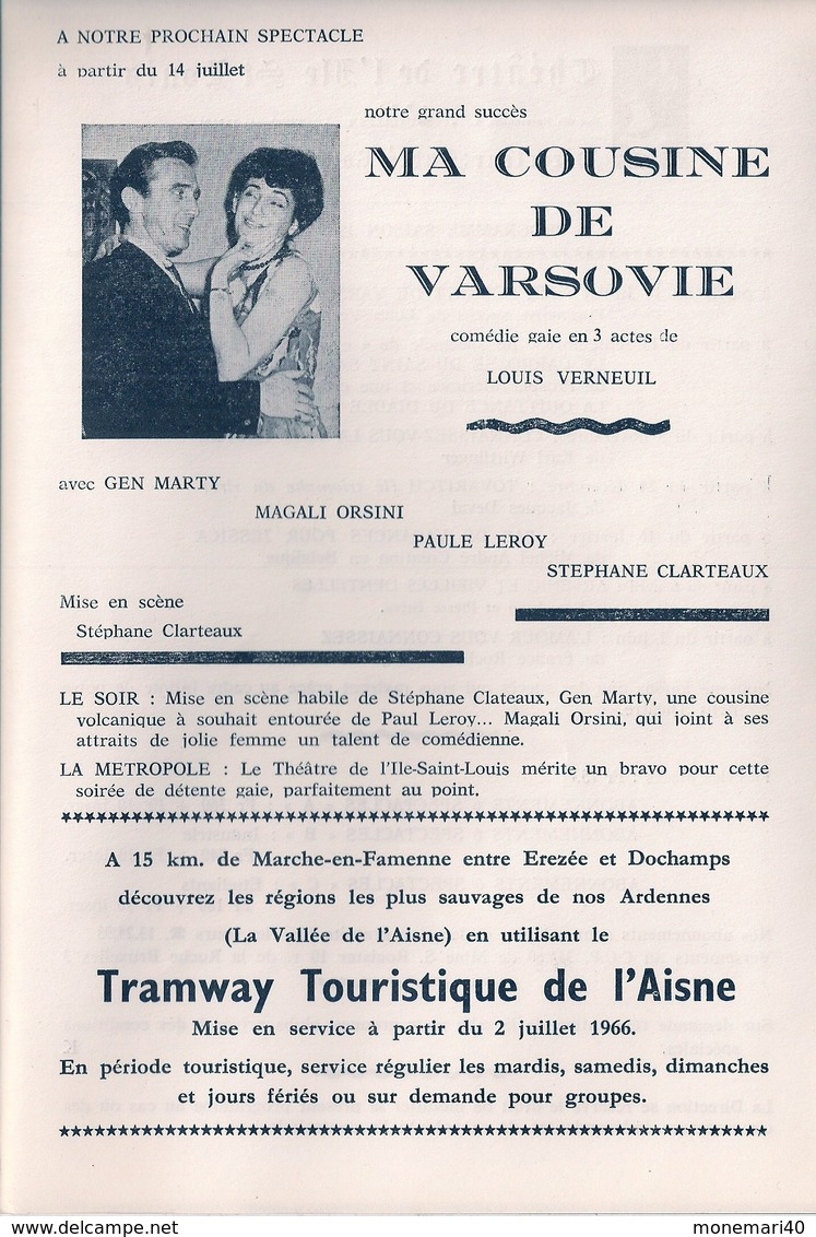 THÉATRE DE L'ILE ST LOUIS (BRUXELLES) SAISON 1966-67 - PROCHAIN SPECTACLE 'MA COUSINE DE VARSOVIE' De LOUIS VERNEUIL - Programmes