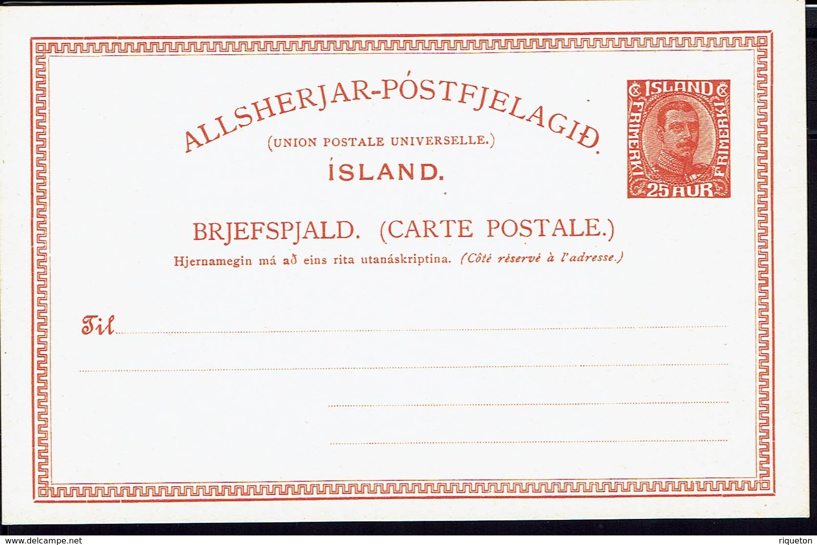 ISLANDE - Carte Entier Postal Neuve 25 Aur - TB - - Postal Stationery