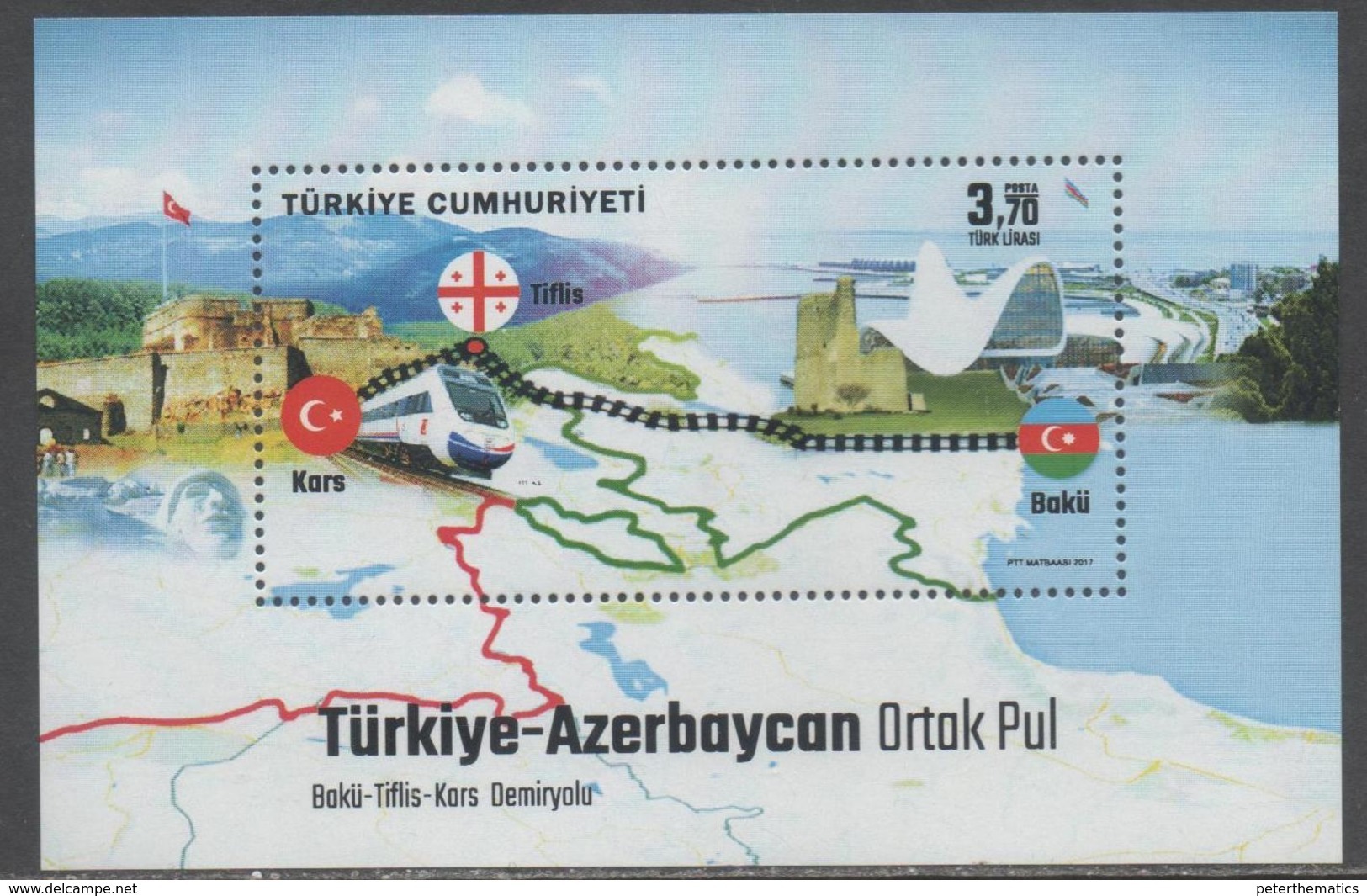 TURKEY, 2017, MNH, JOINT ISSUE, TRAINS, BAKU-TBILISI-KARS RAILWAY, FLAGS, MOUNTAINS, S/SHEET - Joint Issues