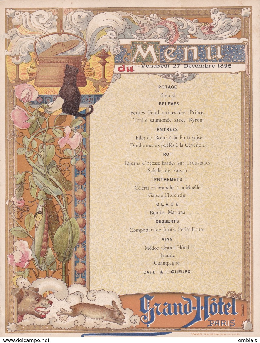 Menu GRAND-HÔTEL, Paris .Vendredi 27 Décembre 1895.Illustration Chat Noir,Chien,Lapin...Devambez, Graveur Imp.Panoramas - Menu