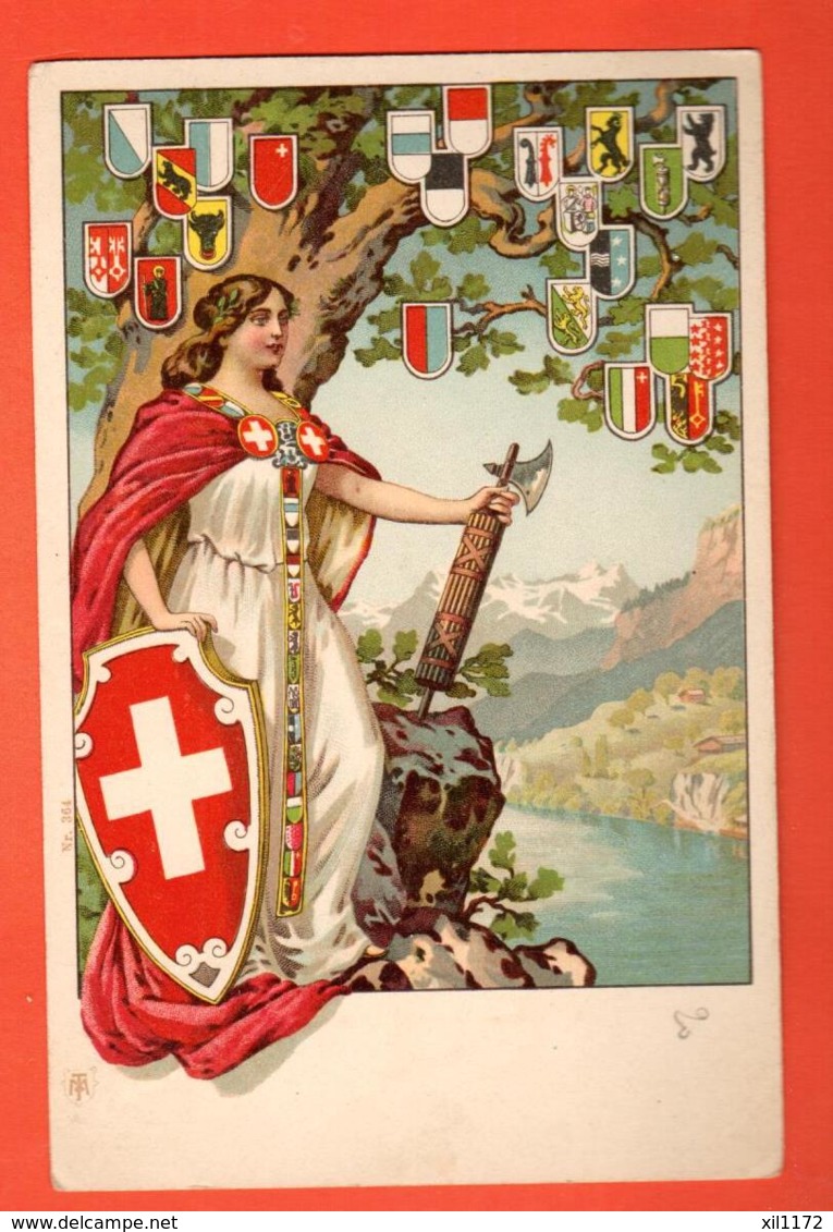 LON-24 Litho Schweiz  Helvetia Mit Waffen Dame Helvétia Avec Blasons Des Cantons. Nicht Gelaufen - St. Anton