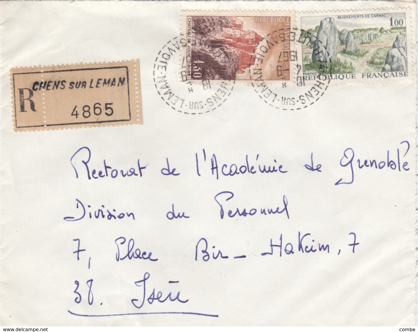 LETTRE. 4 9 67.  RECETTE-DISTRIBUTION PERLÉ. RECOMMANDÉ. HAUTE-SAVOIE CHENS-SUR-LEMAN POUR GRENOBLE.   / 3 - 1961-....