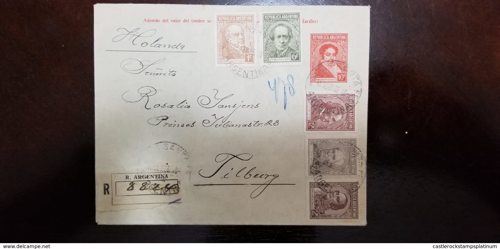 O) 1935 ARGENTINA, SARMIENTO-ALBERDI-RIVADAVIA-MITRE-BROWN-URQUIZA, REGISTERED TO HOLLAND, XF - Postal Stationery