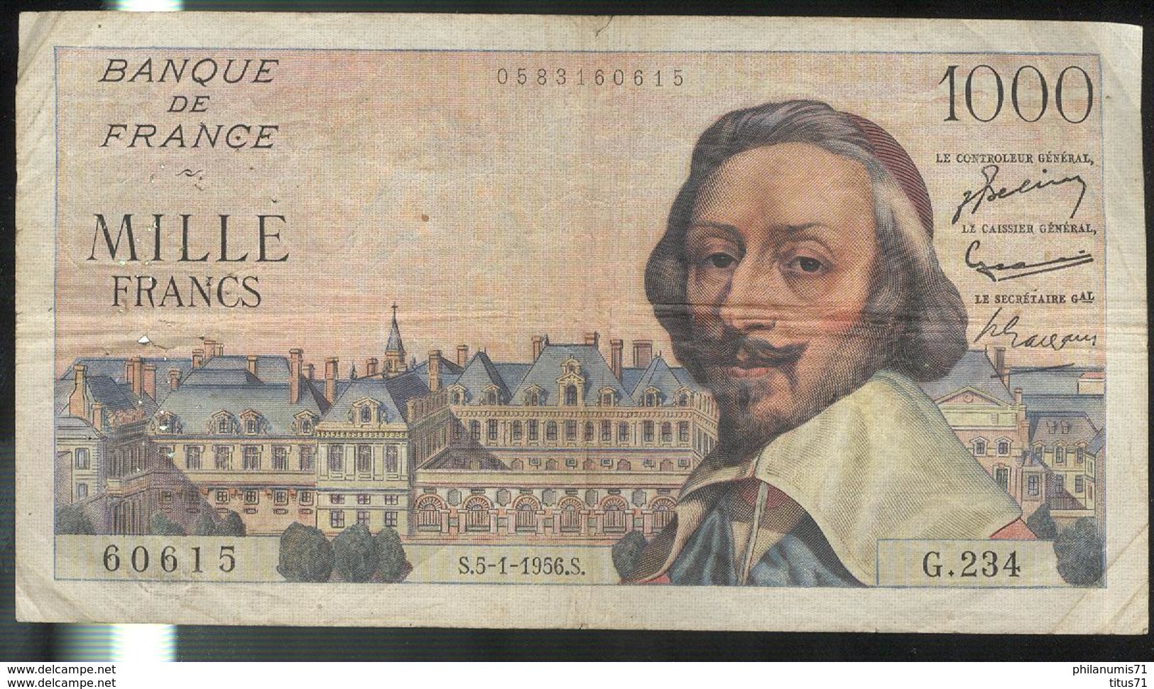 Billet 1000 Francs France Richelieu 5-1-1956 Très Bon état - 1 000 F 1953-1957 ''Richelieu''