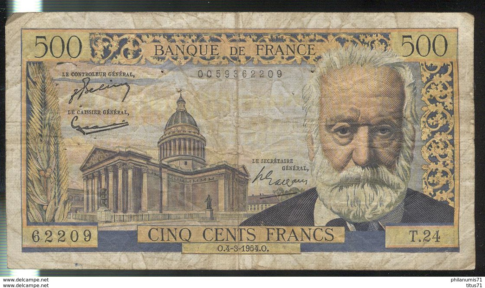 Billet 500 Francs Victor Hugo 4-3-54 O Bon état - 500 F 1954-1958 ''Victor Hugo''