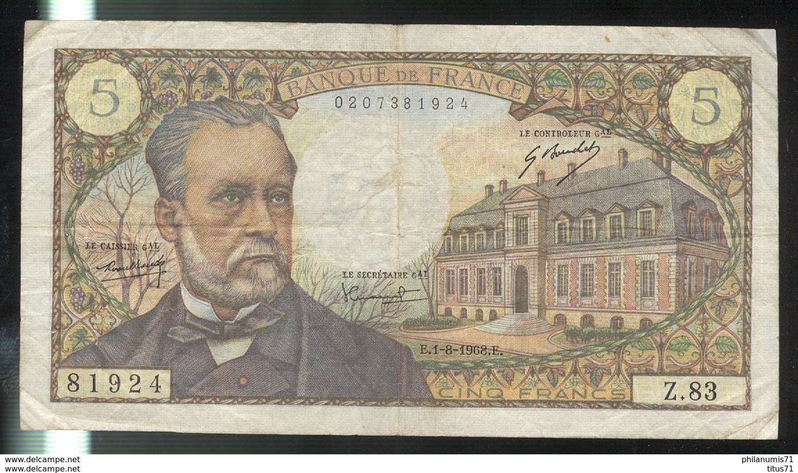 Billet 5 Francs France Pasteur 1-8-68 - 5 F 1966-1970 ''Pasteur''