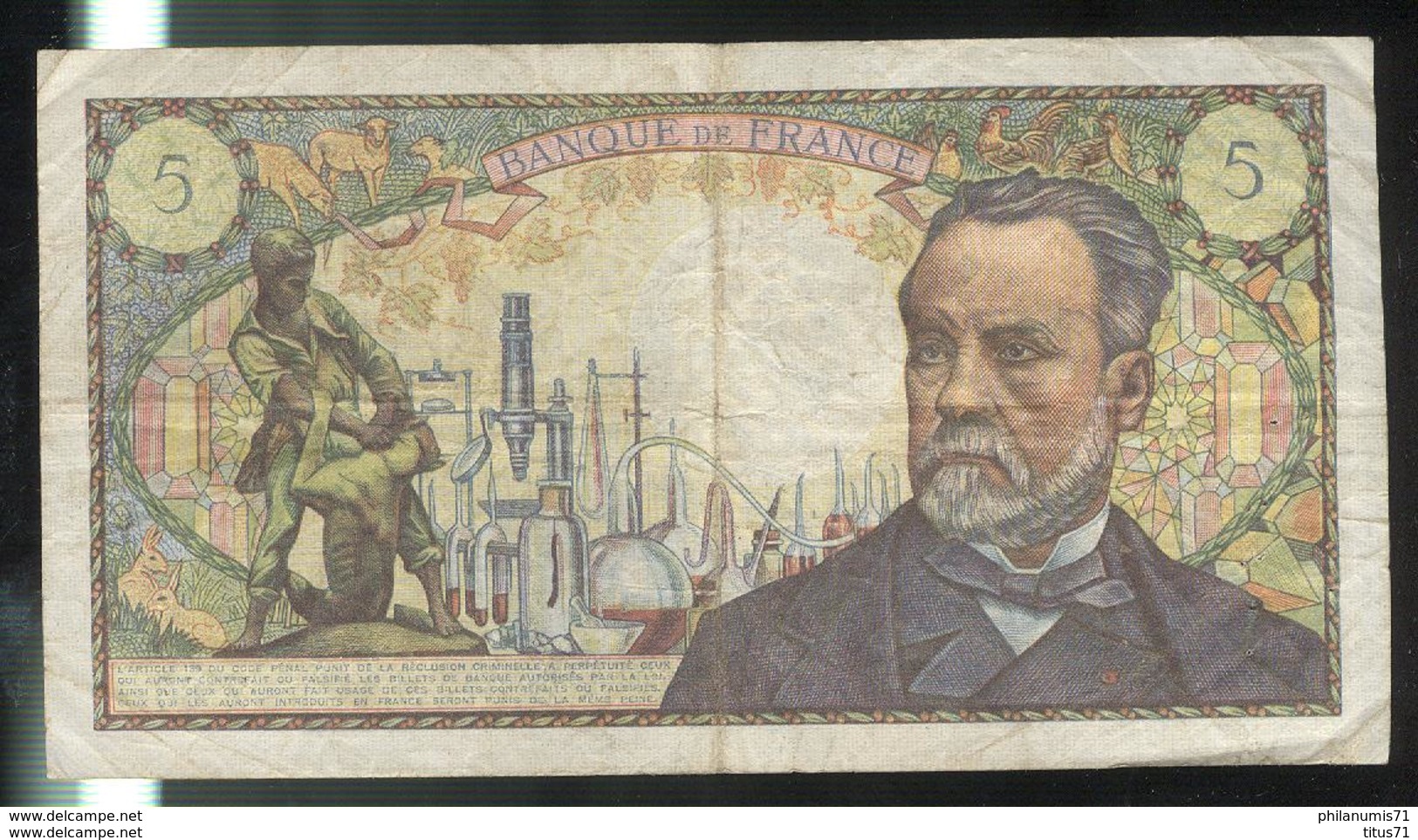 Billet 5 Francs France Pasteur 1-8-68 - 5 F 1966-1970 ''Pasteur''