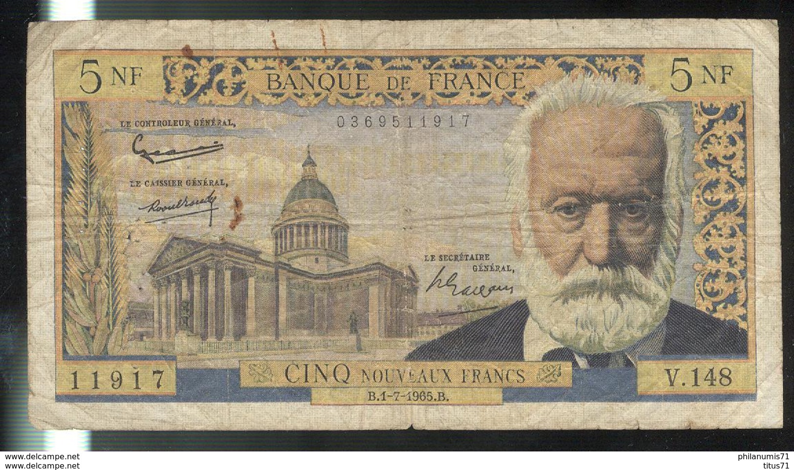 Billet 5 NF Nouveaux Francs France Victor Hugo 1-7-1965 - 5 NF 1959-1965 ''Victor Hugo''